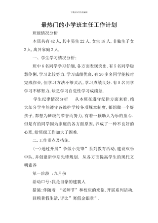 最热门的小学班主任工作计划