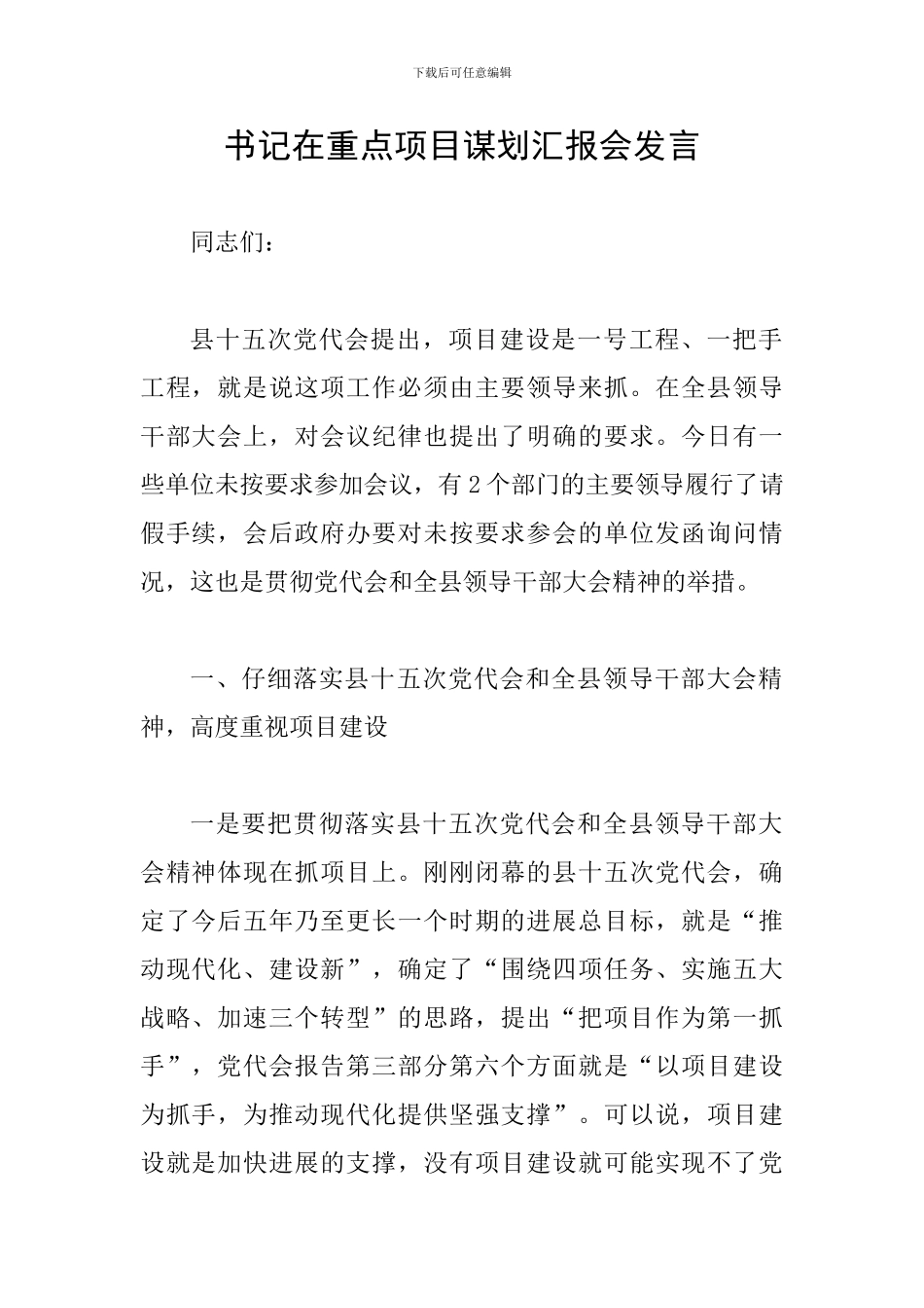 书记在重点项目谋划汇报会发言_第1页