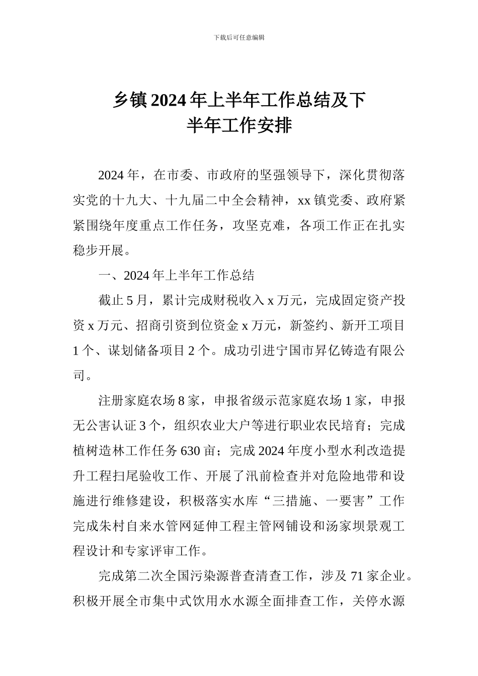 乡镇2024年上半年工作总结及下半年工作安排_第1页