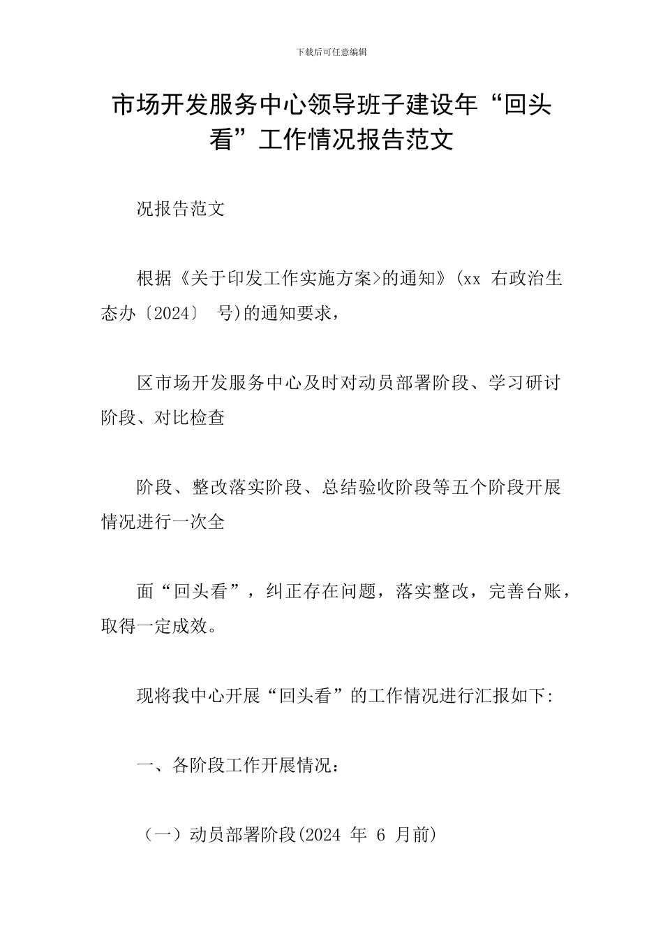 市场开发服务中心领导班子建设年“回头看”工作情况报告范文_第1页