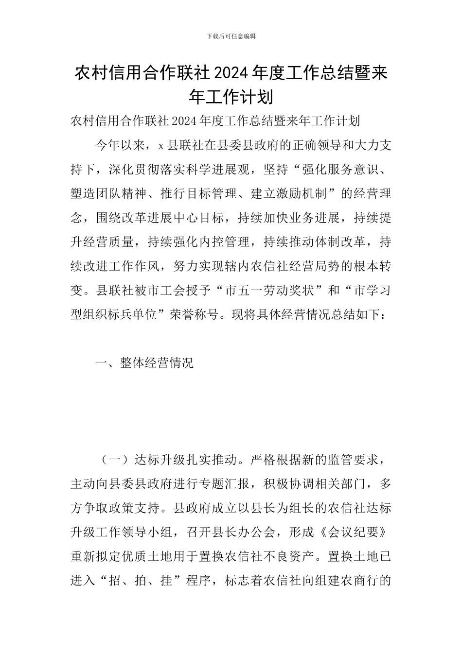 农村信用合作联社2024年度工作总结暨来年工作计划_第1页