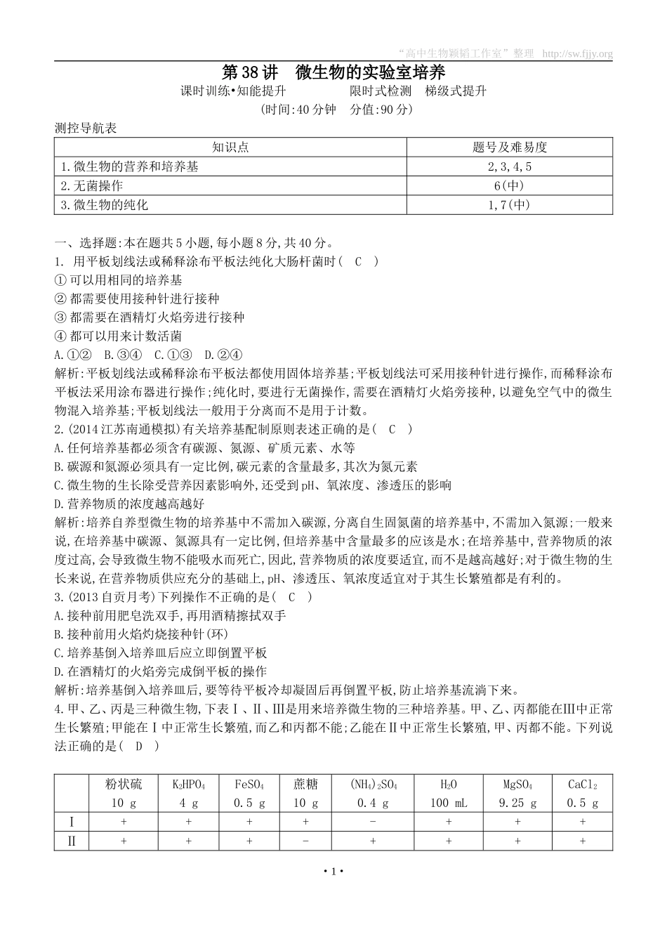 2015届高三生物总复习第十单元第38讲《微生物的实验室培养》课时训练（含解析）_第1页