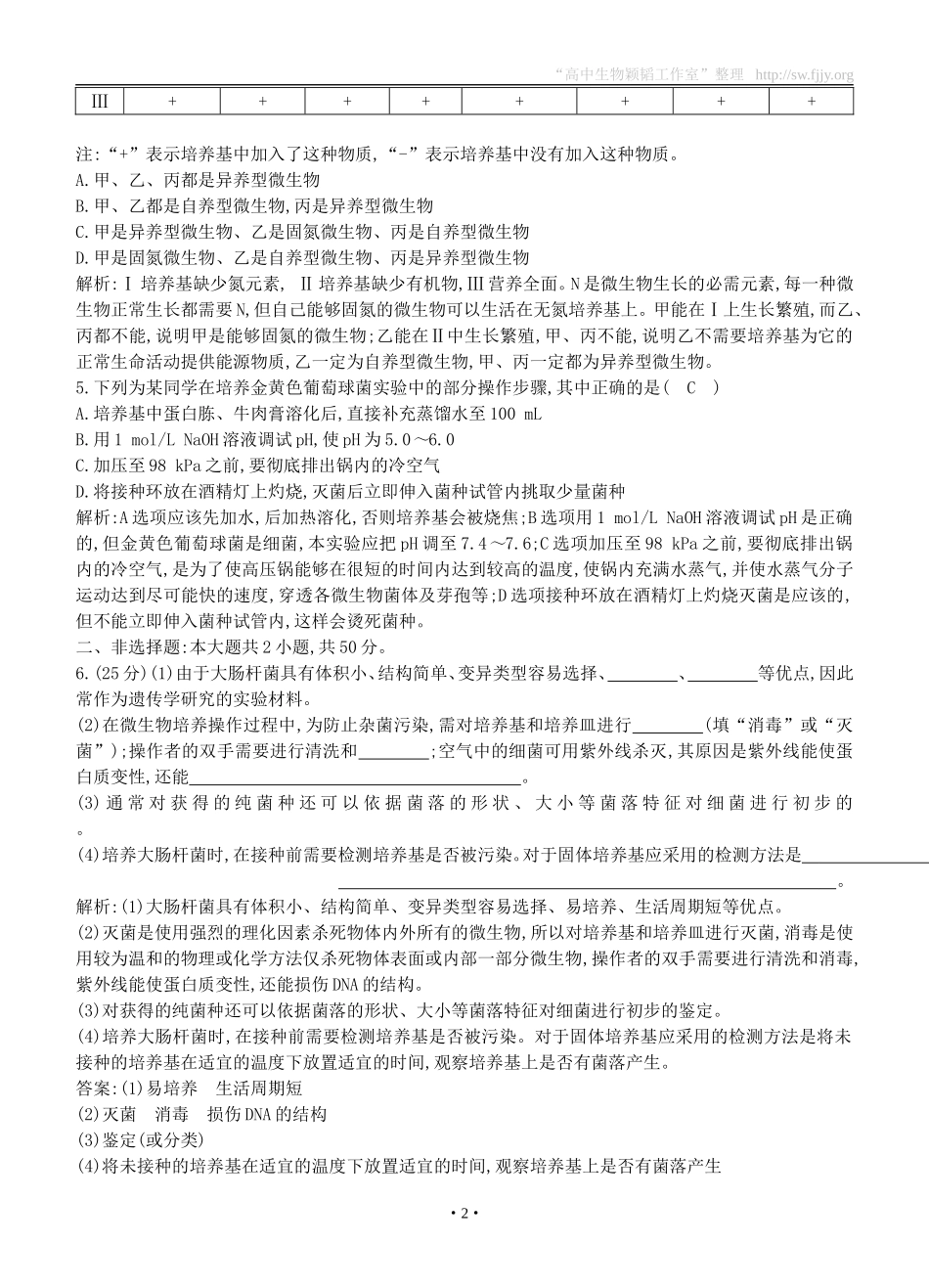 2015届高三生物总复习第十单元第38讲《微生物的实验室培养》课时训练（含解析）_第2页