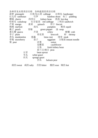 各种常见蔬菜及食物的英语名称