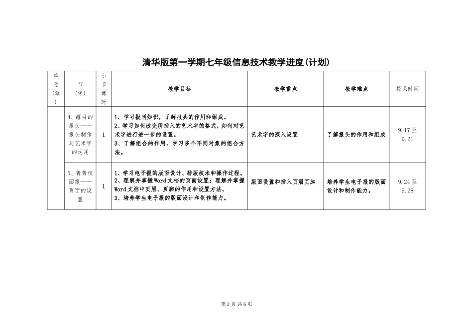 清华版教学计划（进度表）七年级（上）_第2页