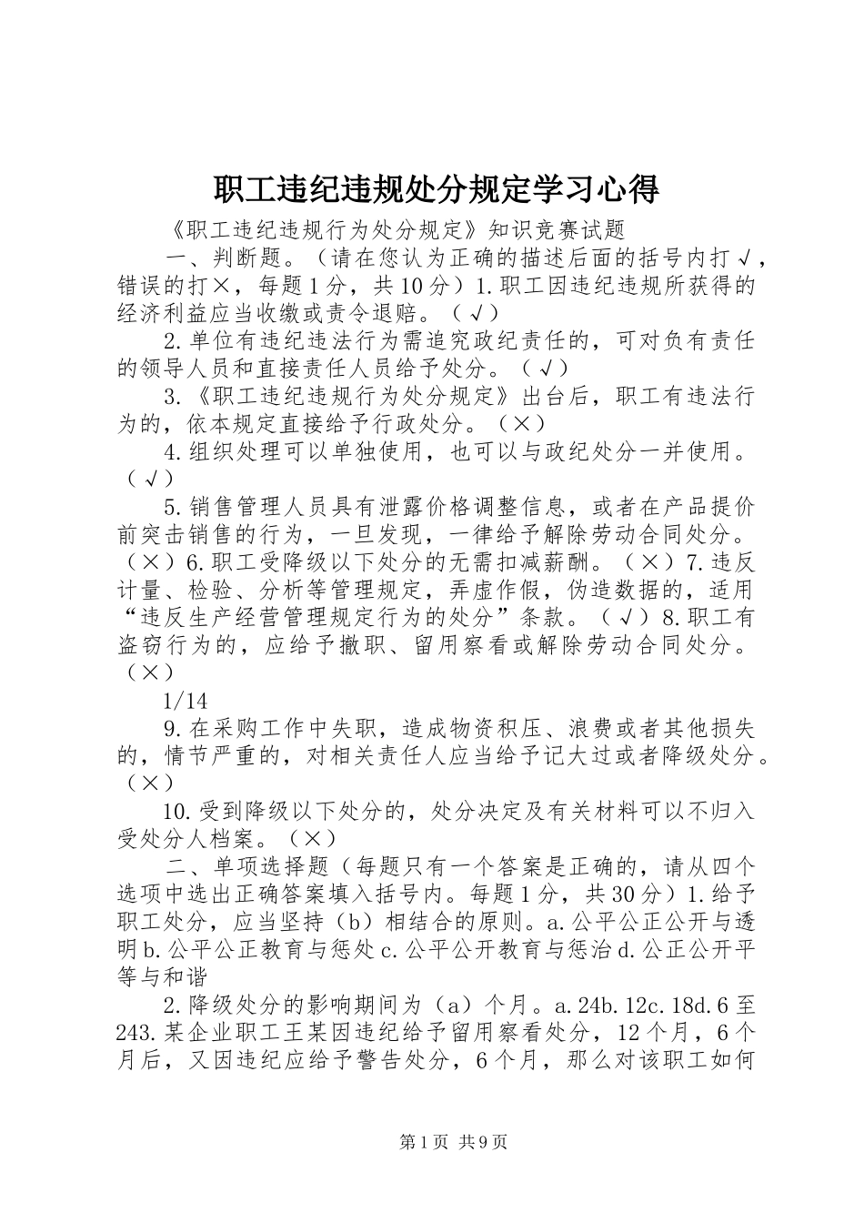 职工违纪违规处分规定学习心得_第1页