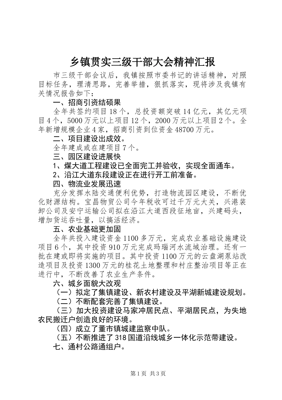 乡镇贯实三级干部大会精神汇报_第1页