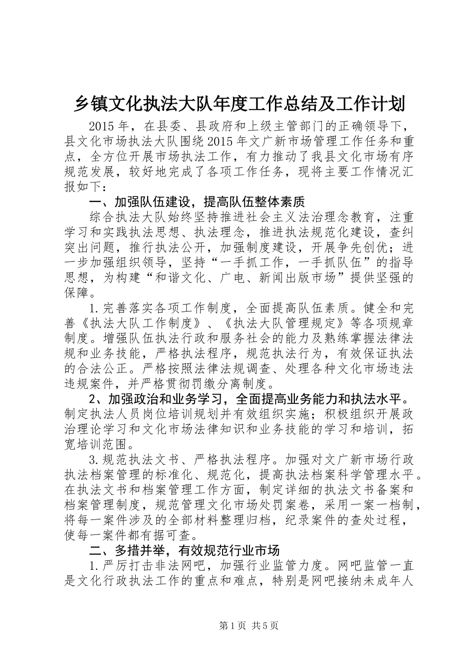 乡镇文化执法大队年度工作总结及工作计划_第1页
