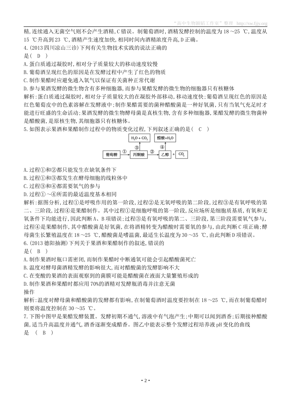 2015届高三生物总复习第十单元第37讲《果酒和果醋的制作》课时训练（含解析）_第2页