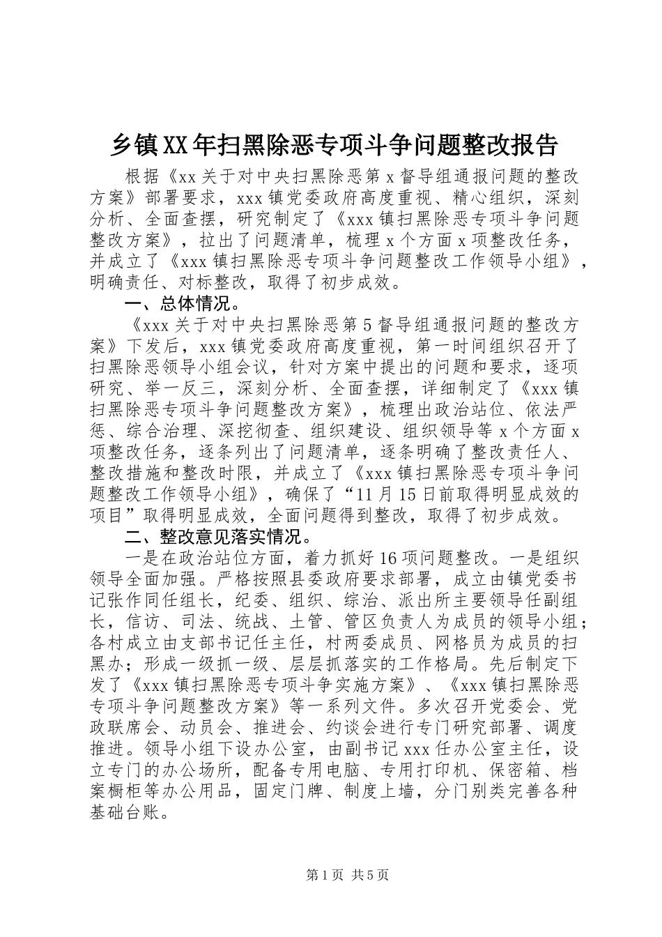 乡镇XX年扫黑除恶专项斗争问题整改报告_第1页