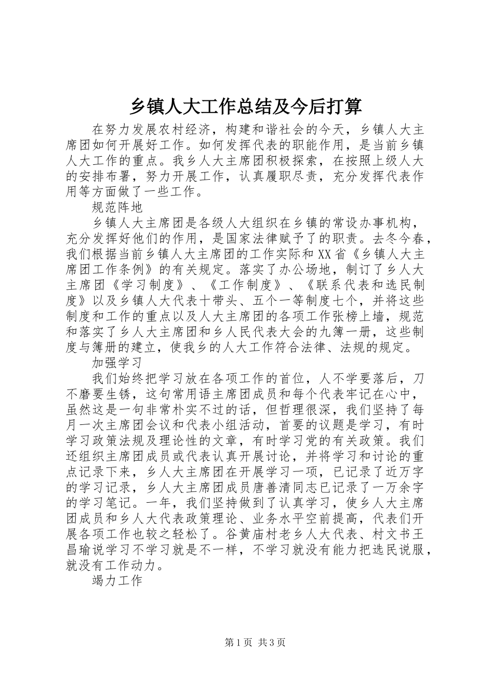 乡镇人大工作总结及今后打算_第1页