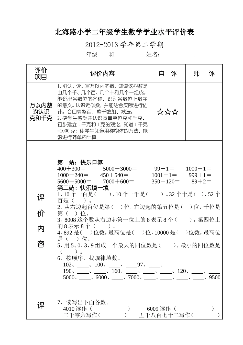 北海路二下数学学业水平评价表5月份_第1页