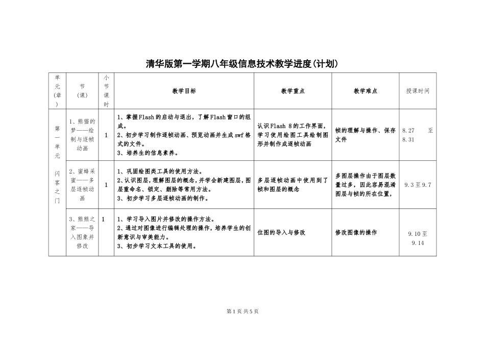 清华版教学计划（进度表）八年级（上）_第1页