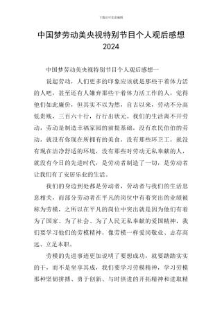 中国梦劳动美央视特别节目个人观后感想2024