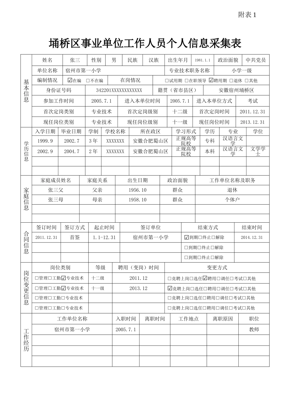 事业单位个人信息采集表模板_第1页