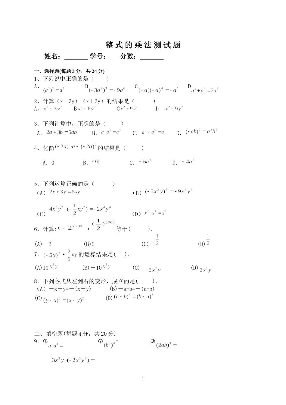 整式的乘法检测_第1页