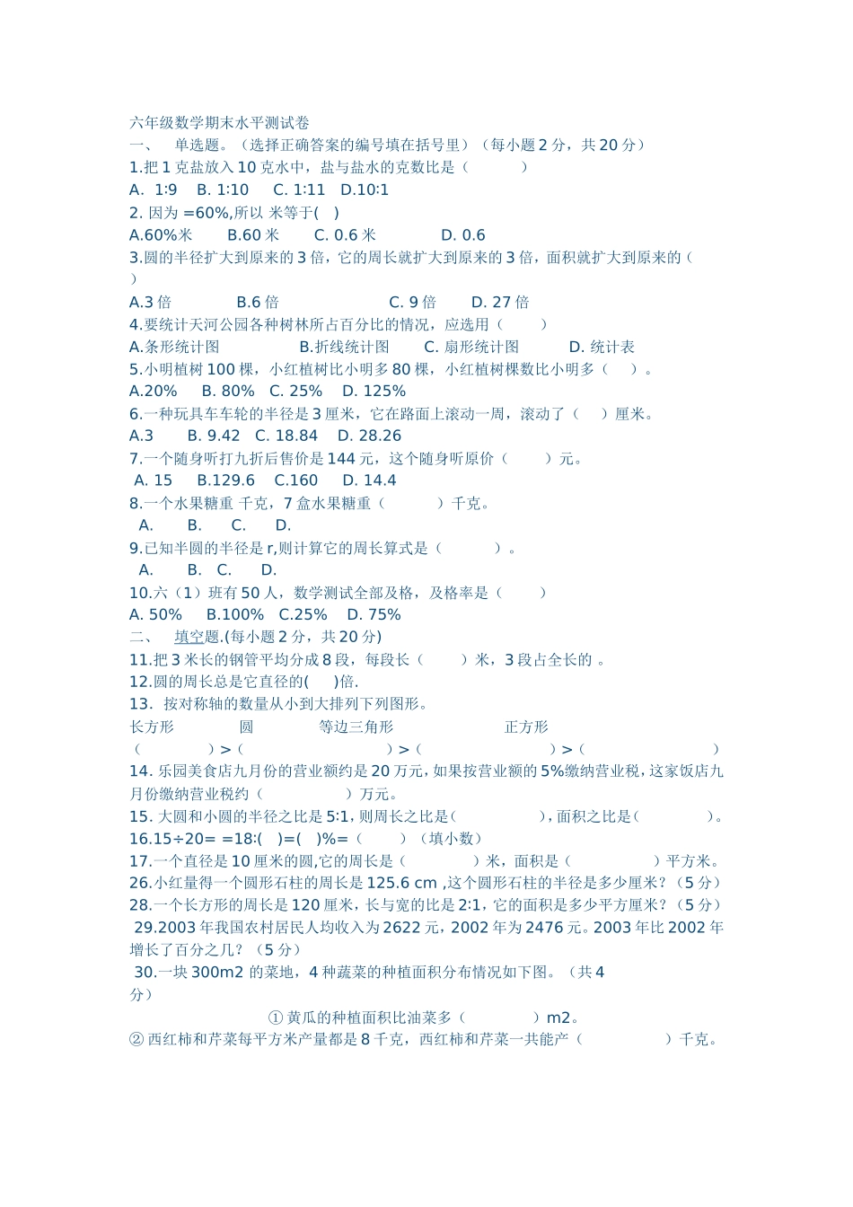 六年级数学期末水平测试卷_第1页