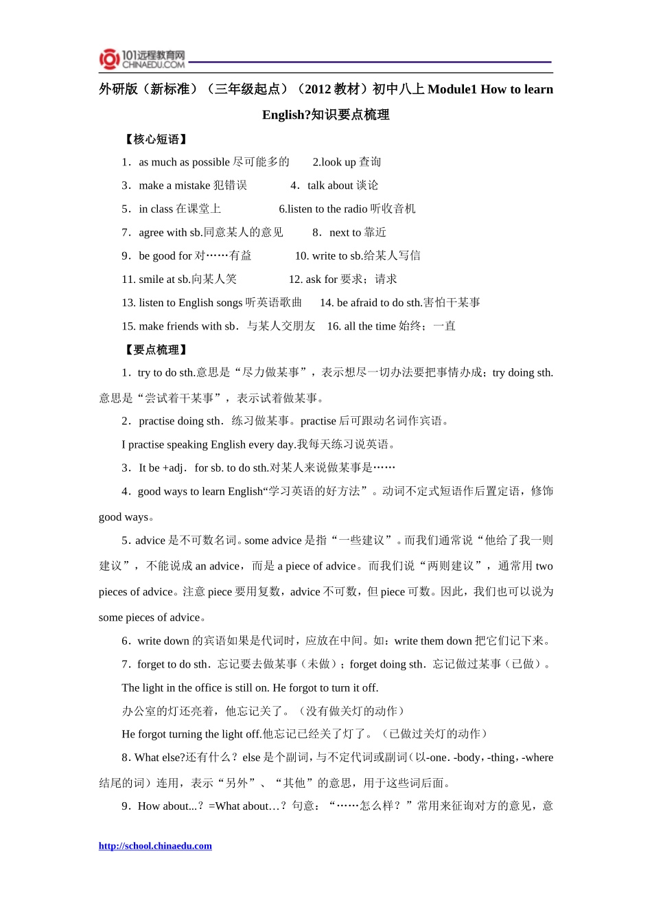 外研版（新标准）（三年级起点）（2012教材）初中八上Module1_How_to_learn__English知识要点梳理_第1页