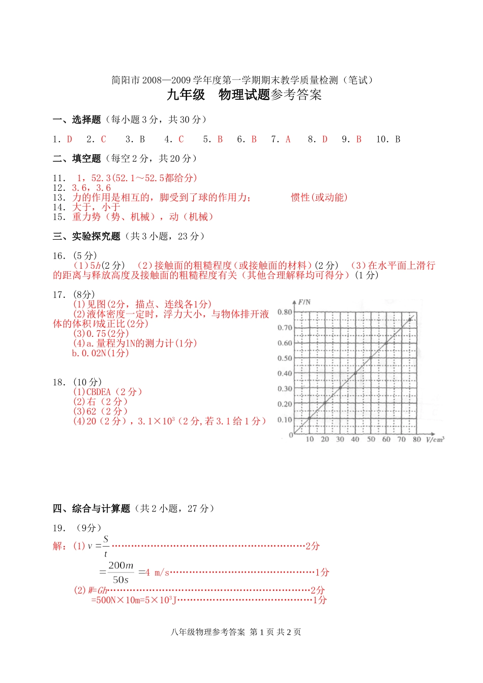 简阳市2008—2009学年度第一学期期末教学质量检测9年级答案_第1页