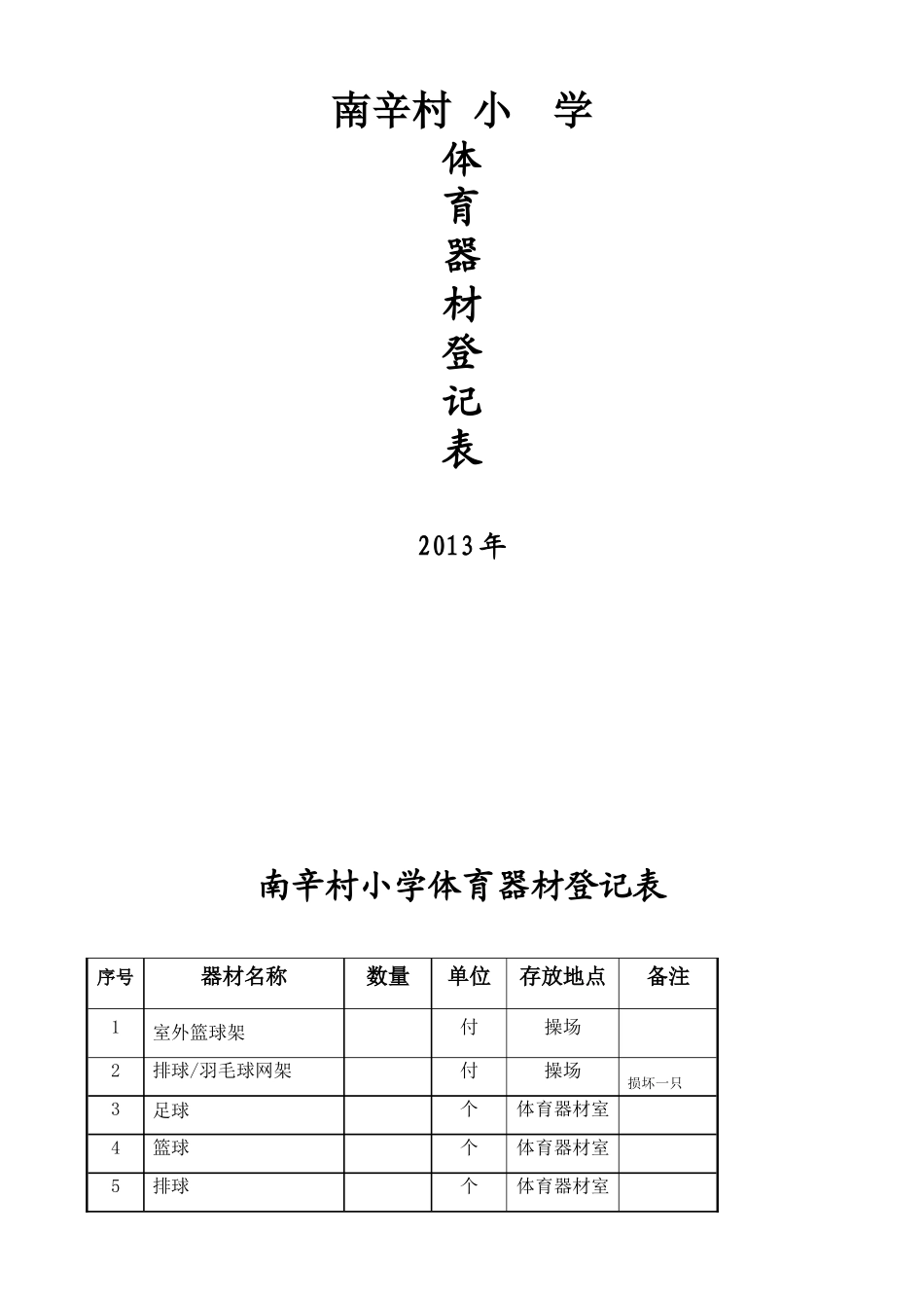 保城小学体育器材登记表_第1页