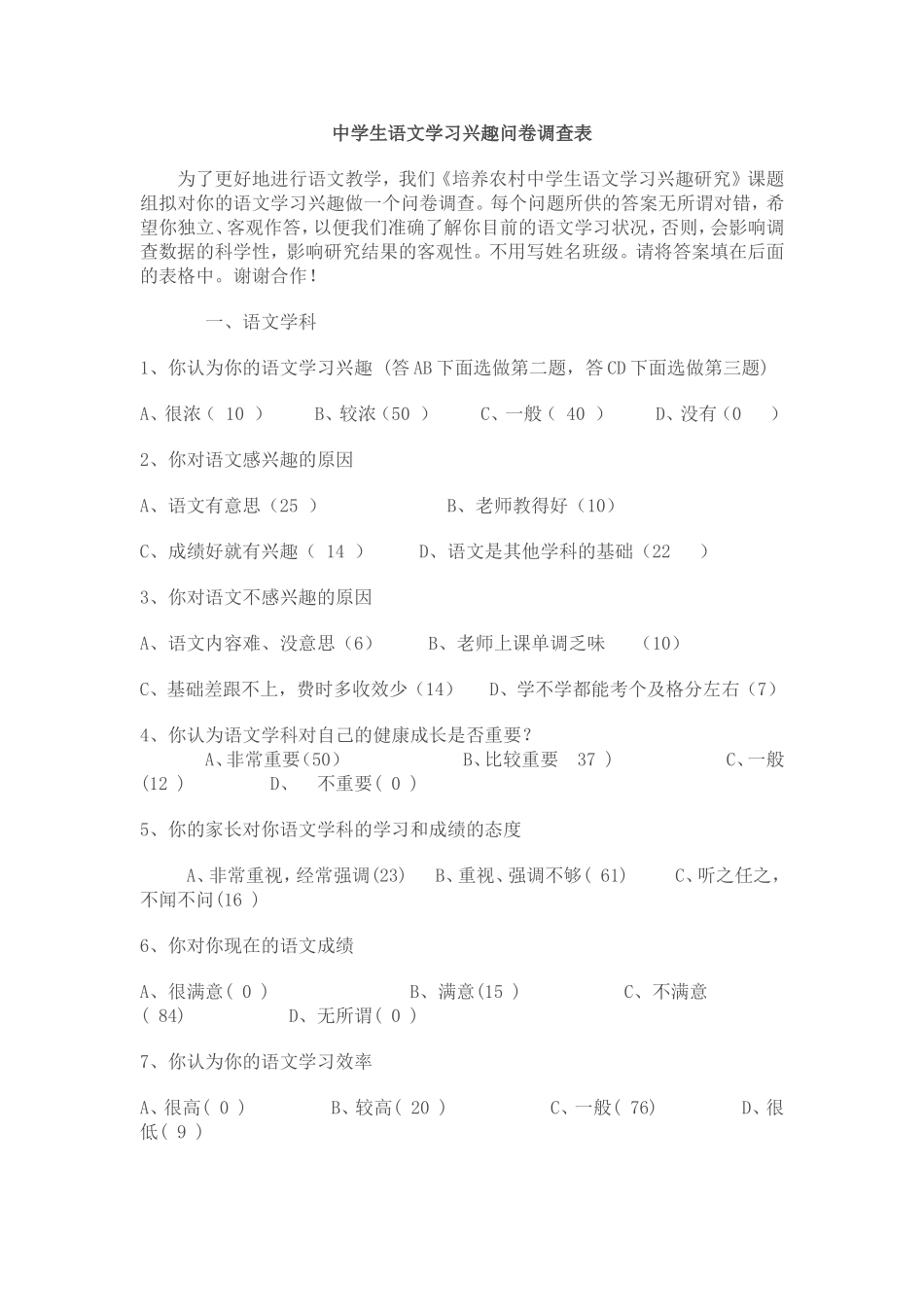 初中语文学习兴趣调查_第1页