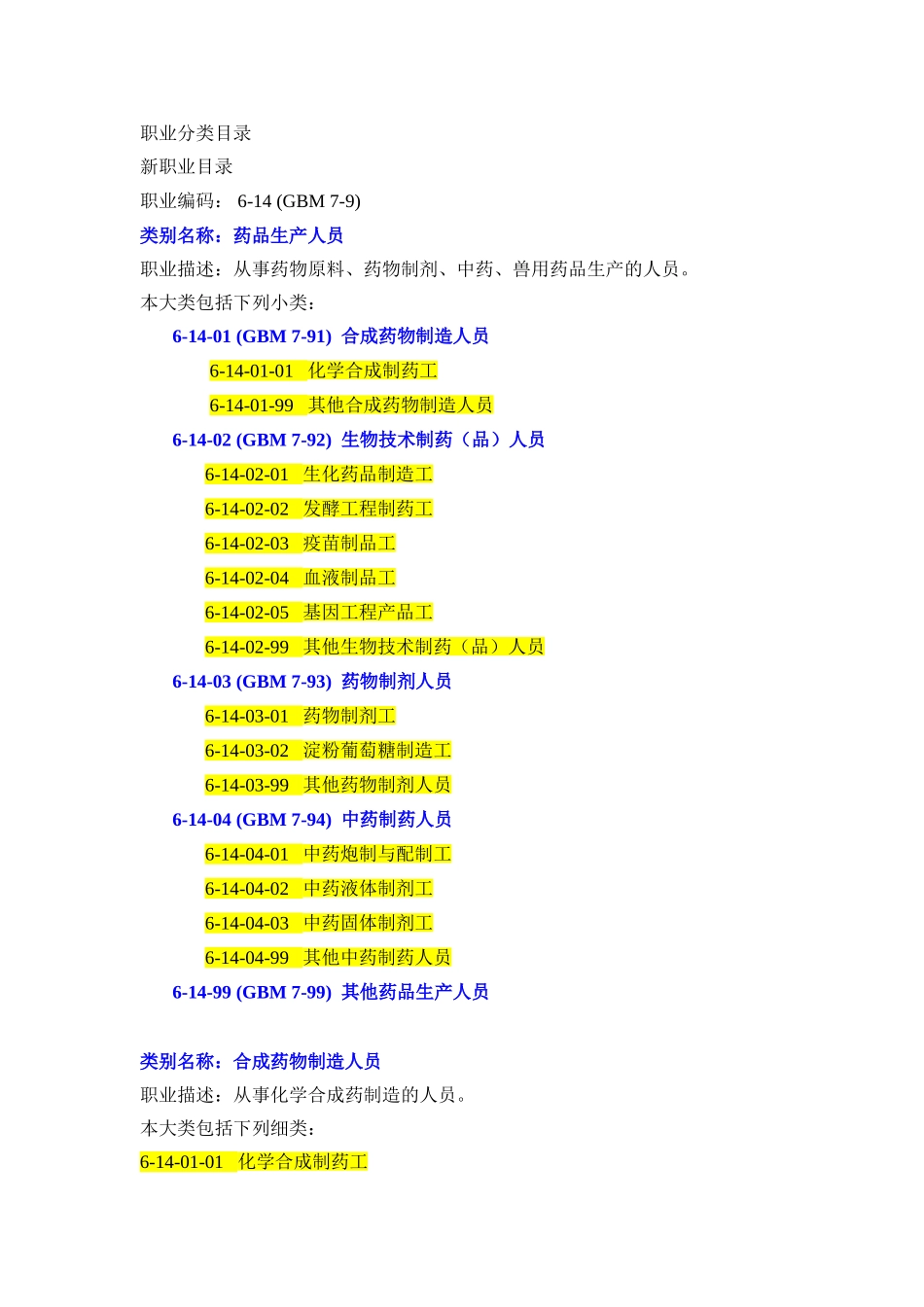 药品生产人员职业分类与主要工作_第1页