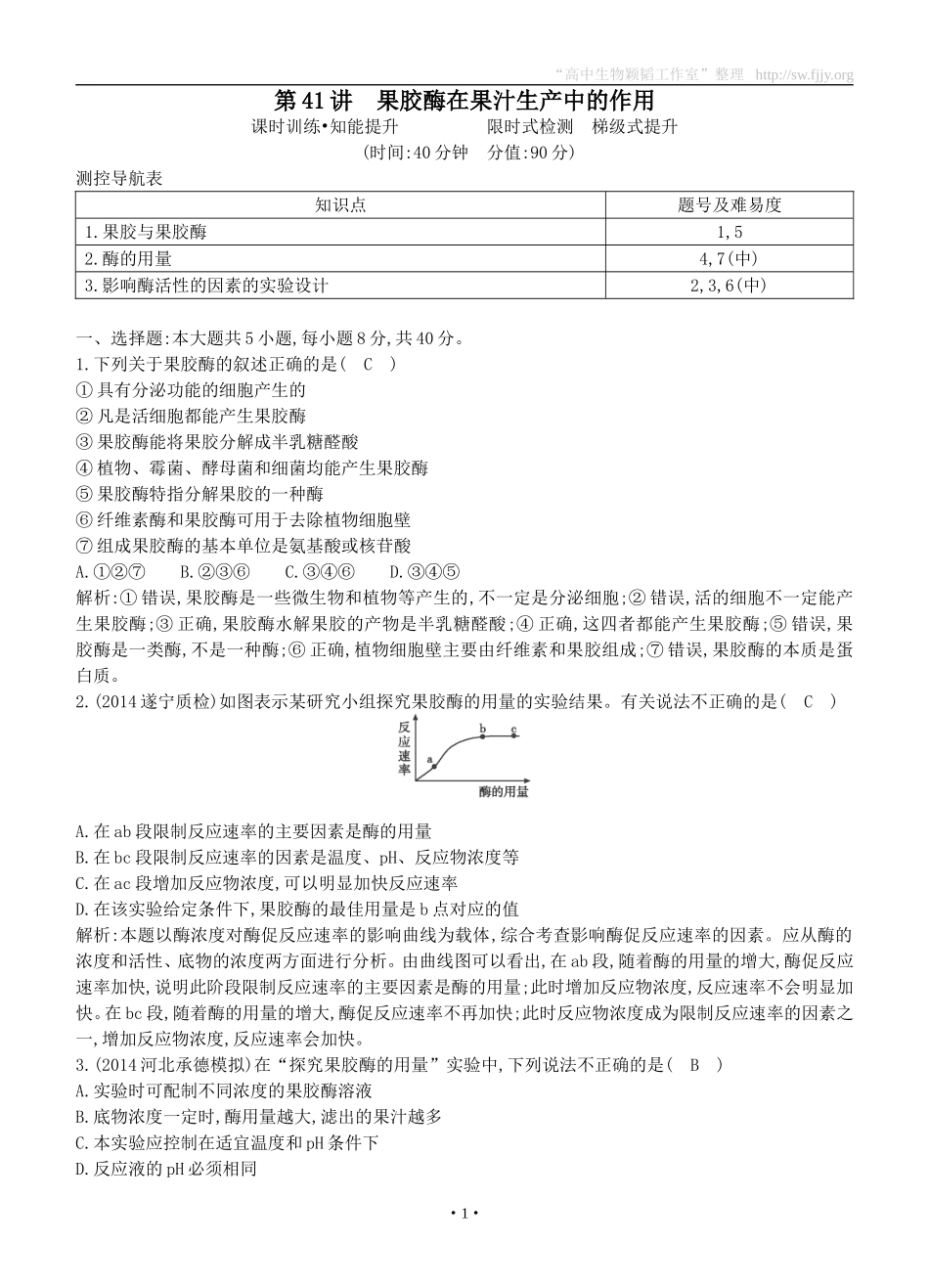 2015届高三生物总复习第十单元第41讲《果胶酶在果汁生产中的作用》课时训练（含解析）_第1页