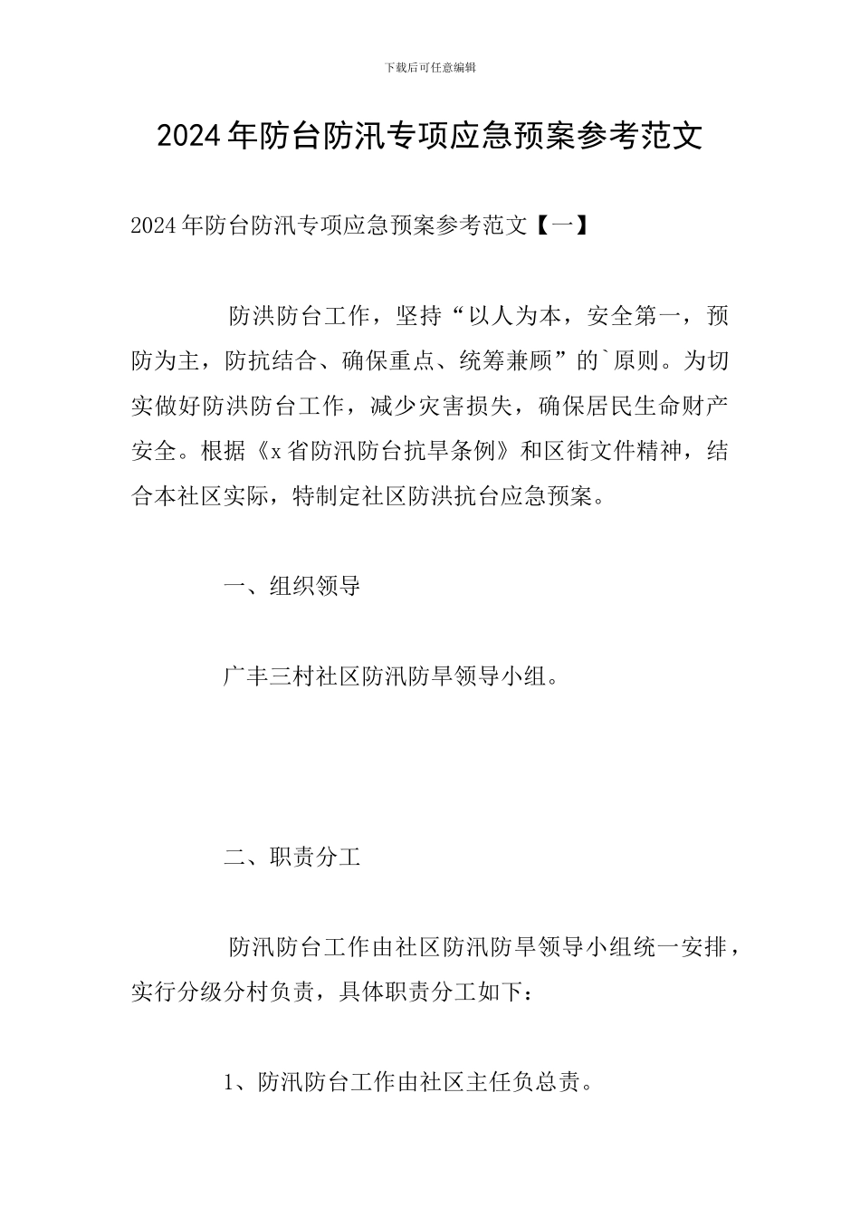 2024年防台防汛专项应急预案参考范文_第1页