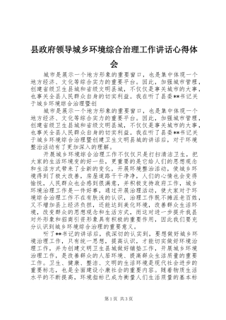 县政府领导城乡环境综合治理工作讲话心得体会 