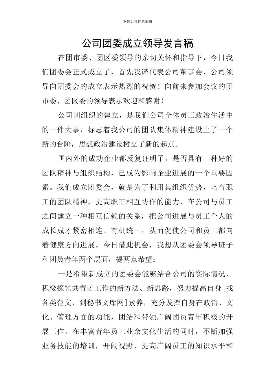 公司团委成立领导发言稿_第1页