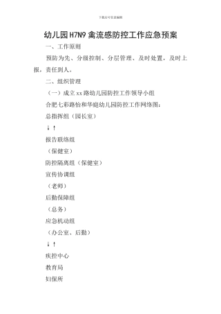 幼儿园H7N9禽流感防控工作应急预案