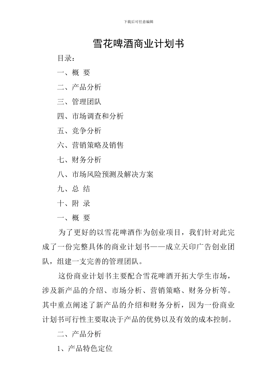 雪花啤酒商业计划书_第1页