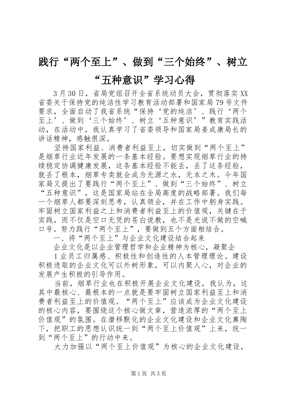 践行“两个至上”、做到“三个始终”、树立“五种意识”学习心得 _第1页