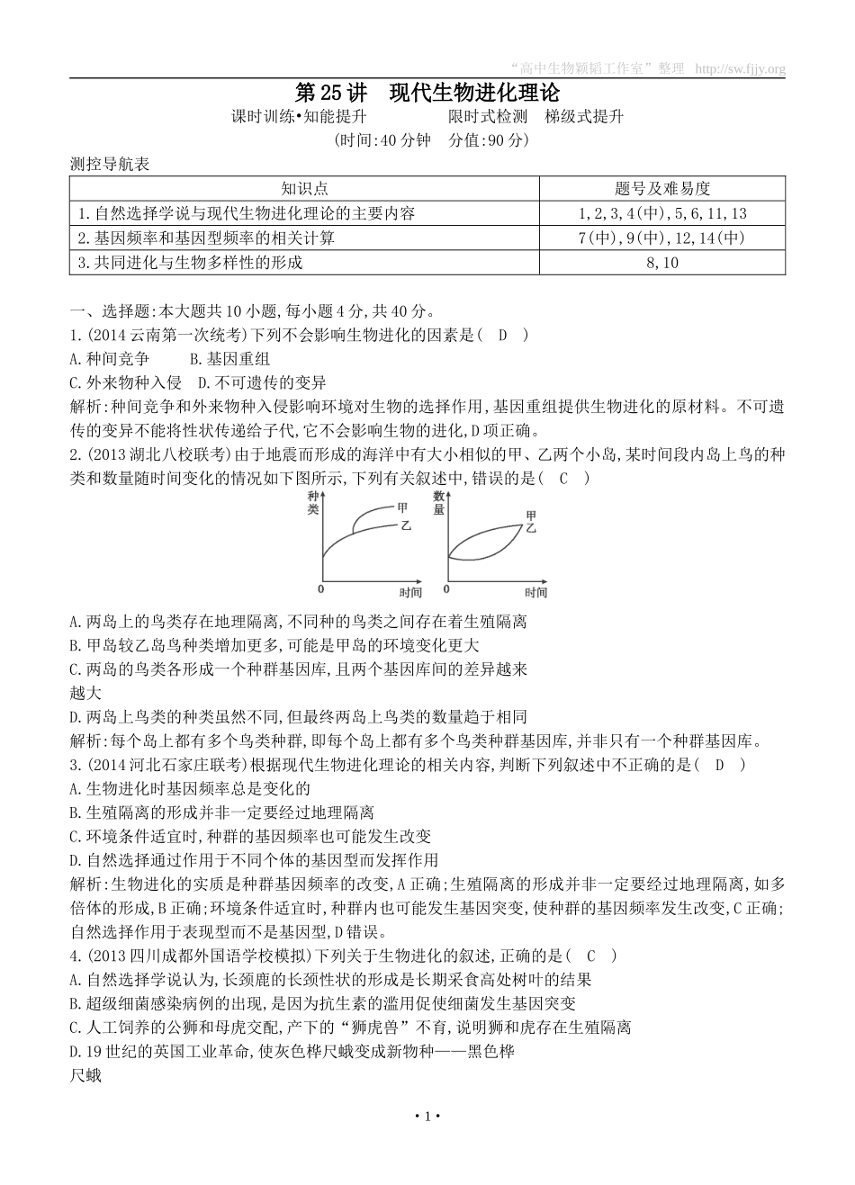 2015届高三生物总复习第七单元第25讲《现代生物进化理论》课时训练（含解析）_第1页
