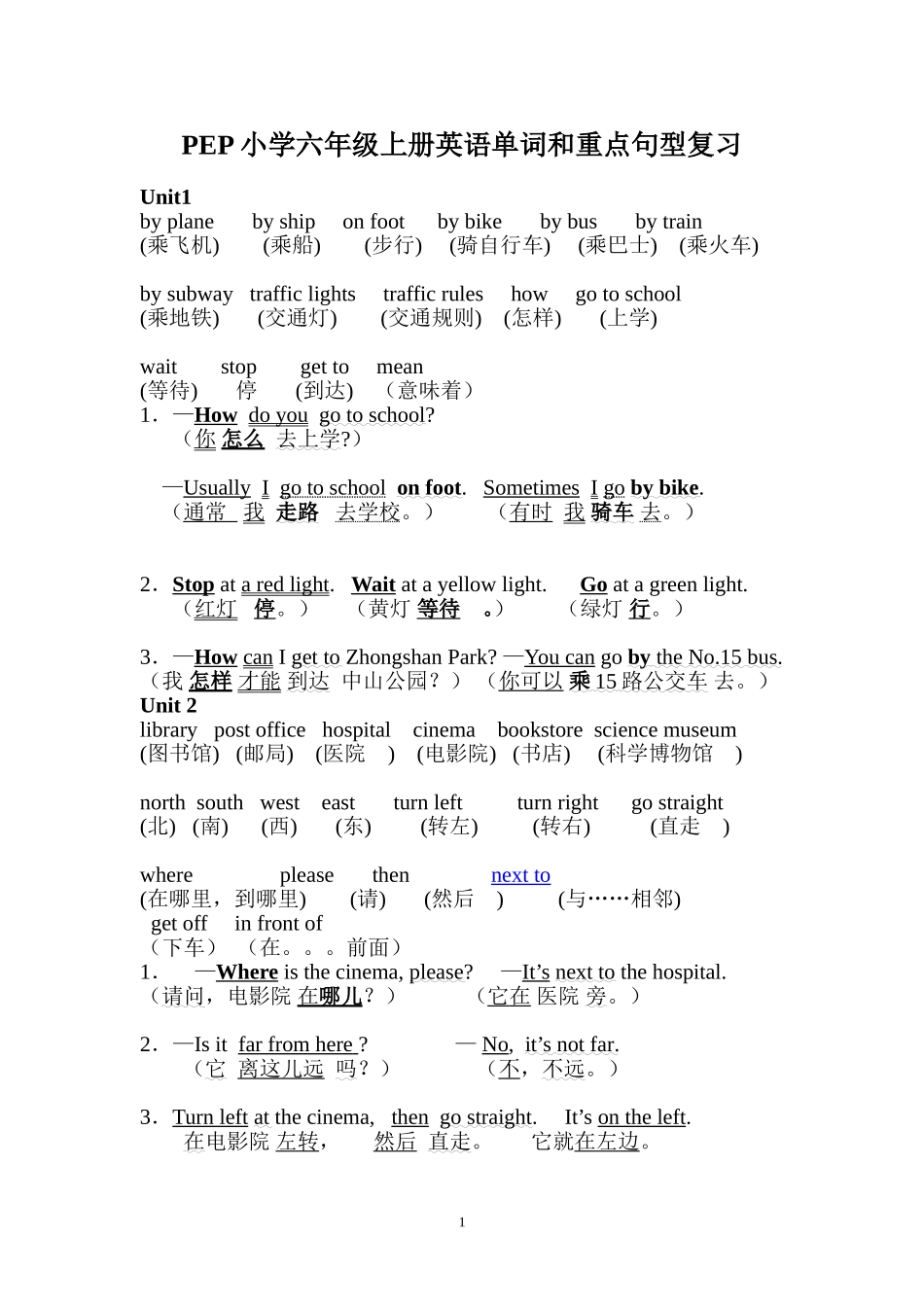 PEP小学六年级上册英语单词和重点句型复习_第1页