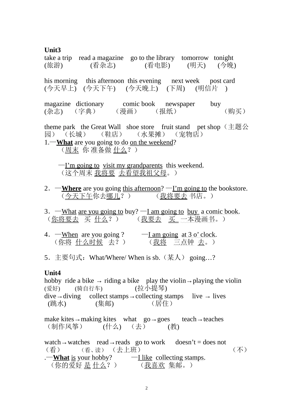 PEP小学六年级上册英语单词和重点句型复习_第2页