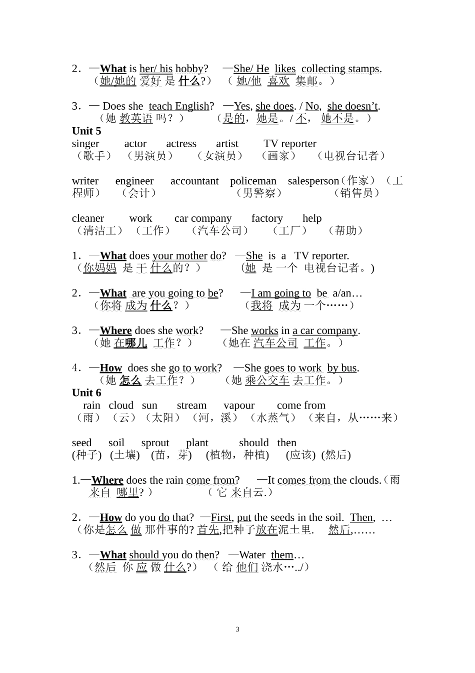 PEP小学六年级上册英语单词和重点句型复习_第3页