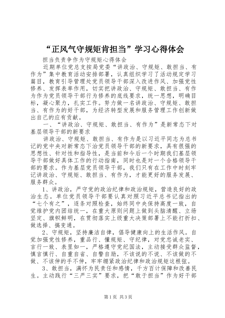 “正风气守规矩肯担当”学习心得体会 _第1页