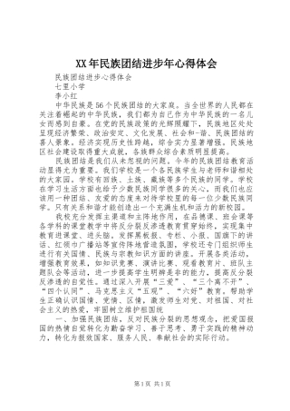 XX年民族团结进步年心得体会 
