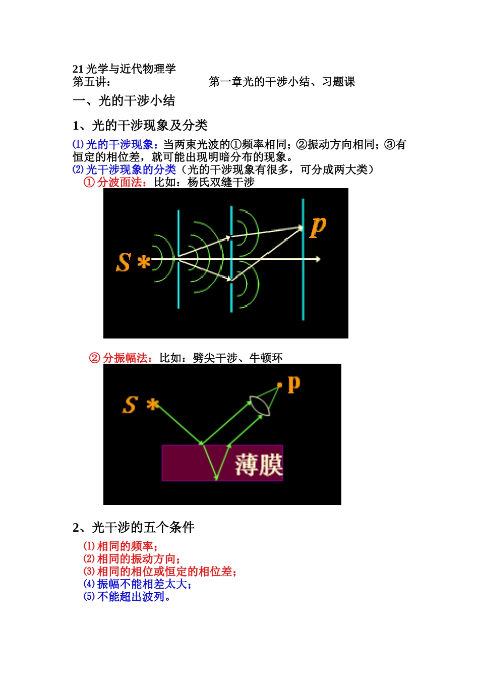 第五讲： 第一章光的干涉小结、习题课_第1页