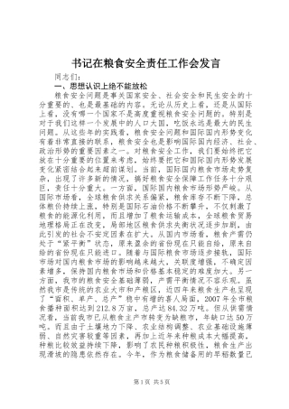 书记在粮食安全责任工作会发言