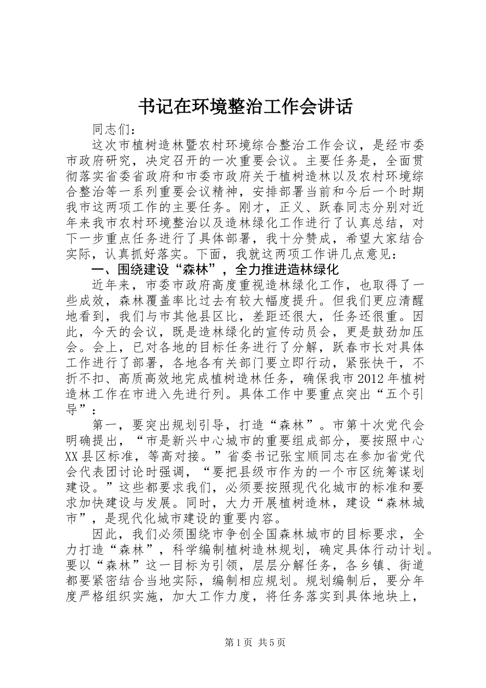 书记在环境整治工作会讲话_第1页