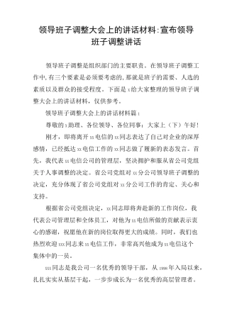 领导班子调整大会上的讲话材料-宣布领导班子调整讲话