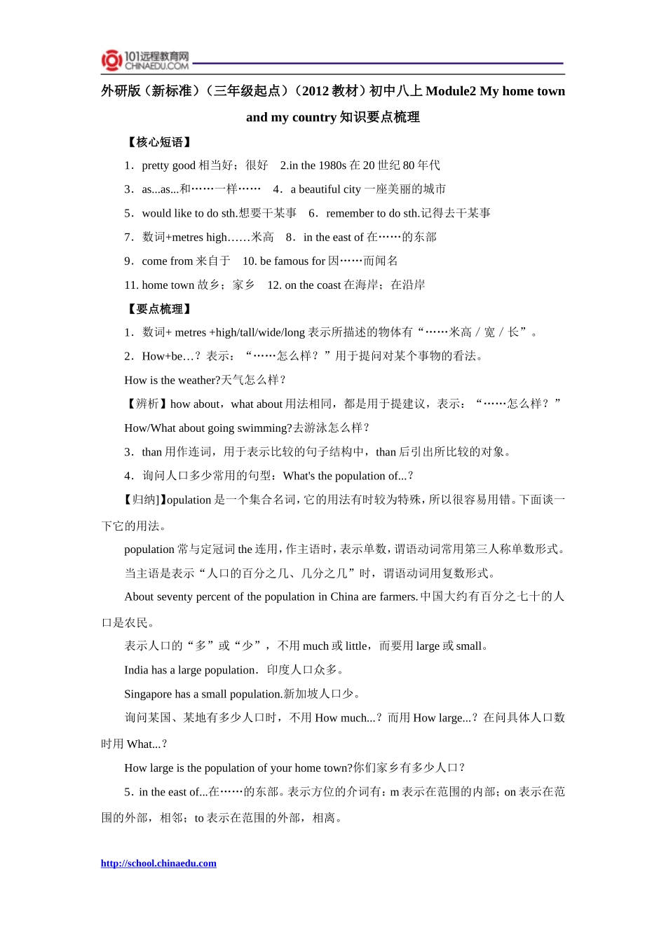 外研版（新标准）（三年级起点）（2012教材）初中八上Module2_My_home_town_and_my_country知识要点梳理_第1页
