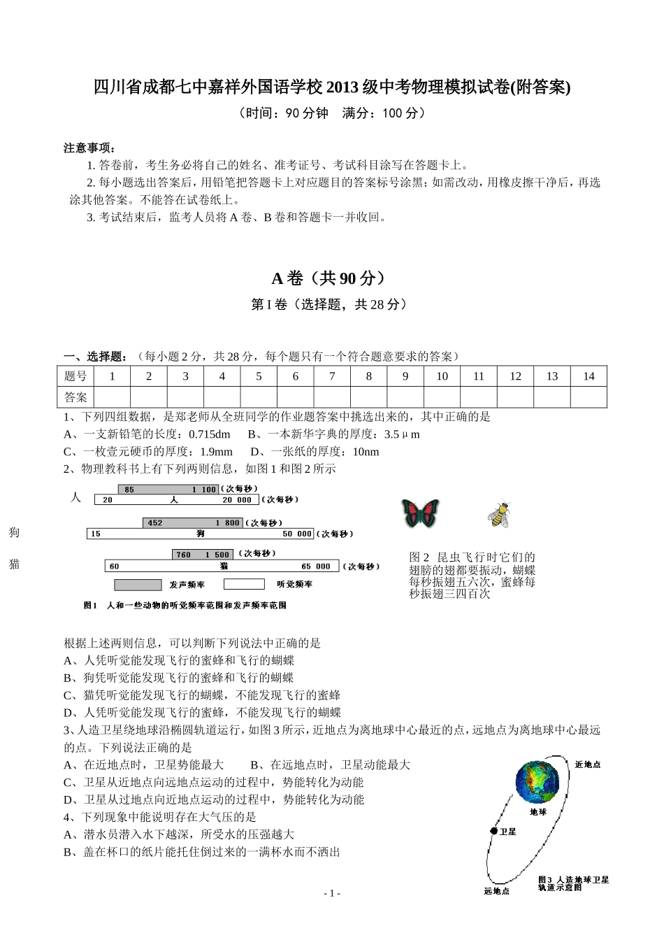四川省成都七中嘉祥外国语学校2013级中考物理模拟试卷(附答案)_第1页