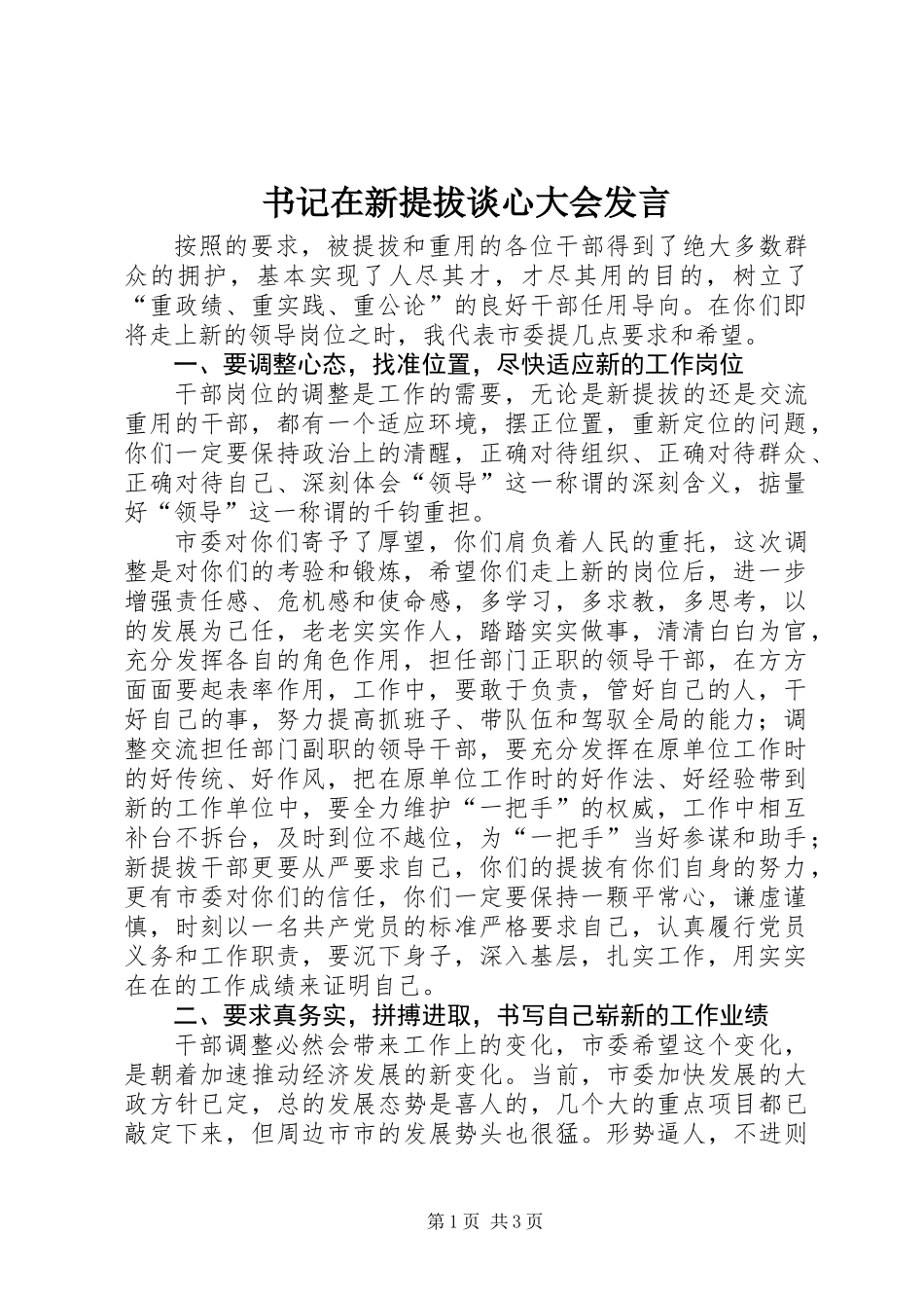 书记在新提拔谈心大会发言_第1页