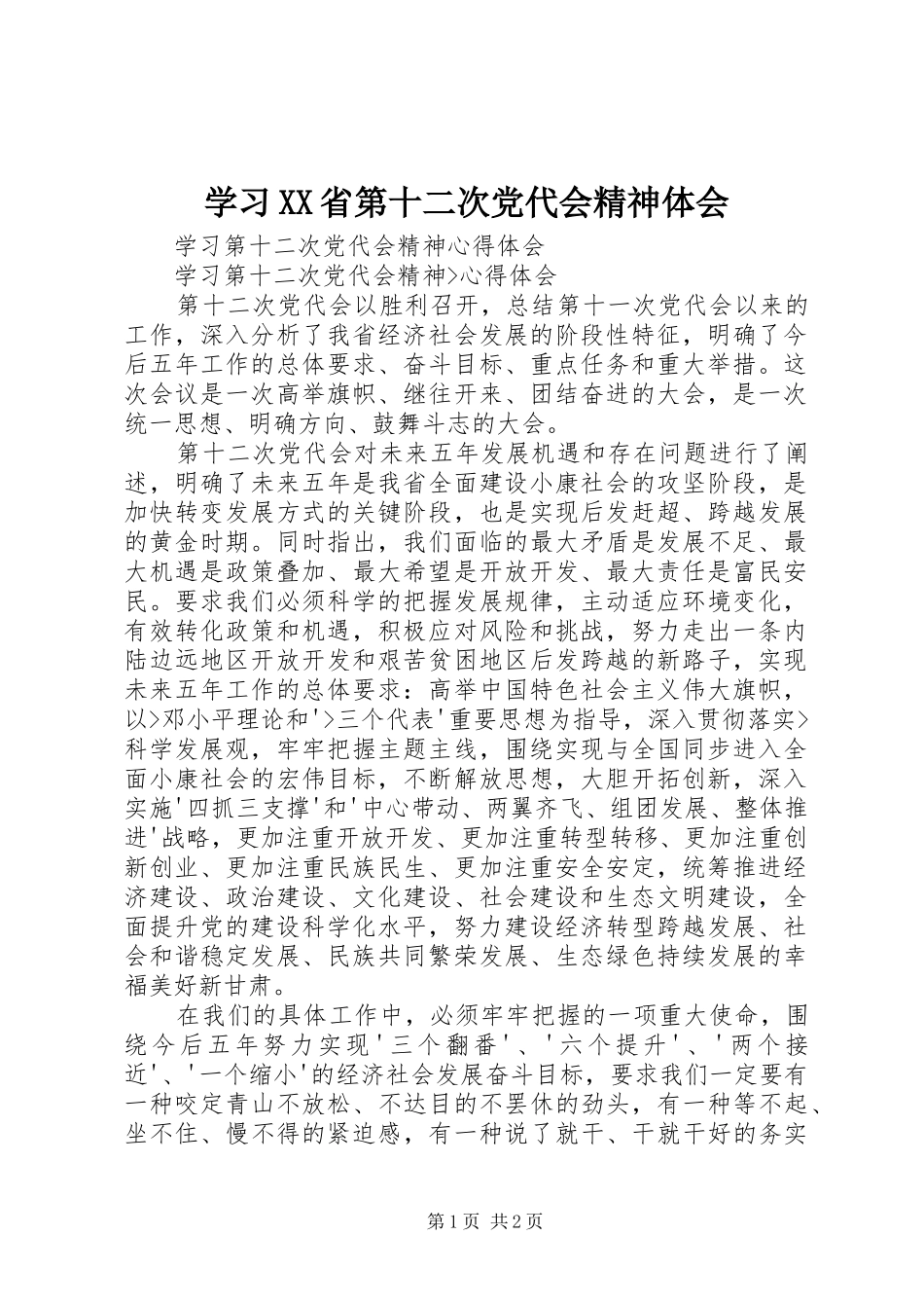 学习XX省第十二次党代会精神体会 _第1页
