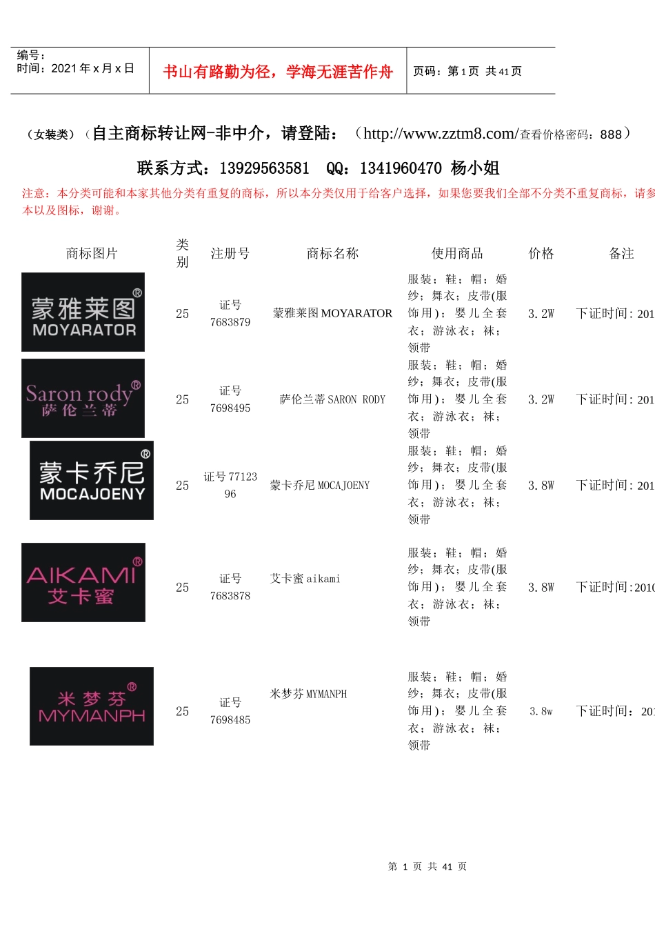 02自主商标转让-(女装)报价单_第1页