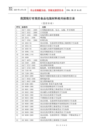 我国现行有效的食品包装材料相关标准目录