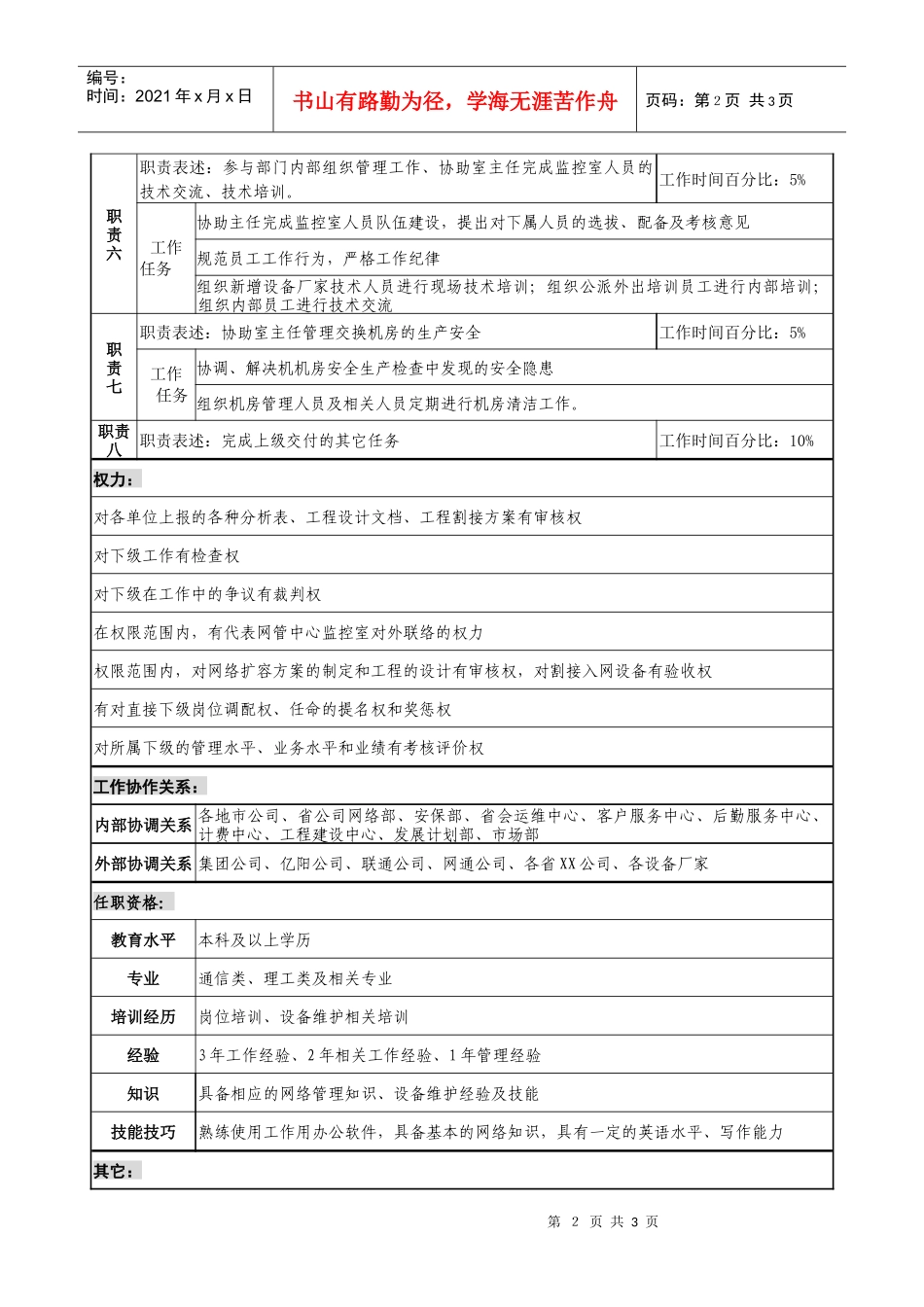 通信行业-网管中心-监控室副主任岗位说明书_第2页